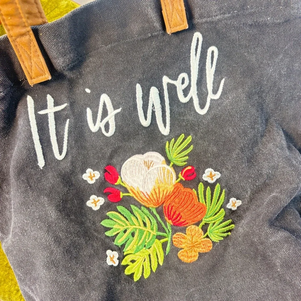 Mary & Martha It Is Well Embroidered Canvas Tote Bag Black Floral Christian
